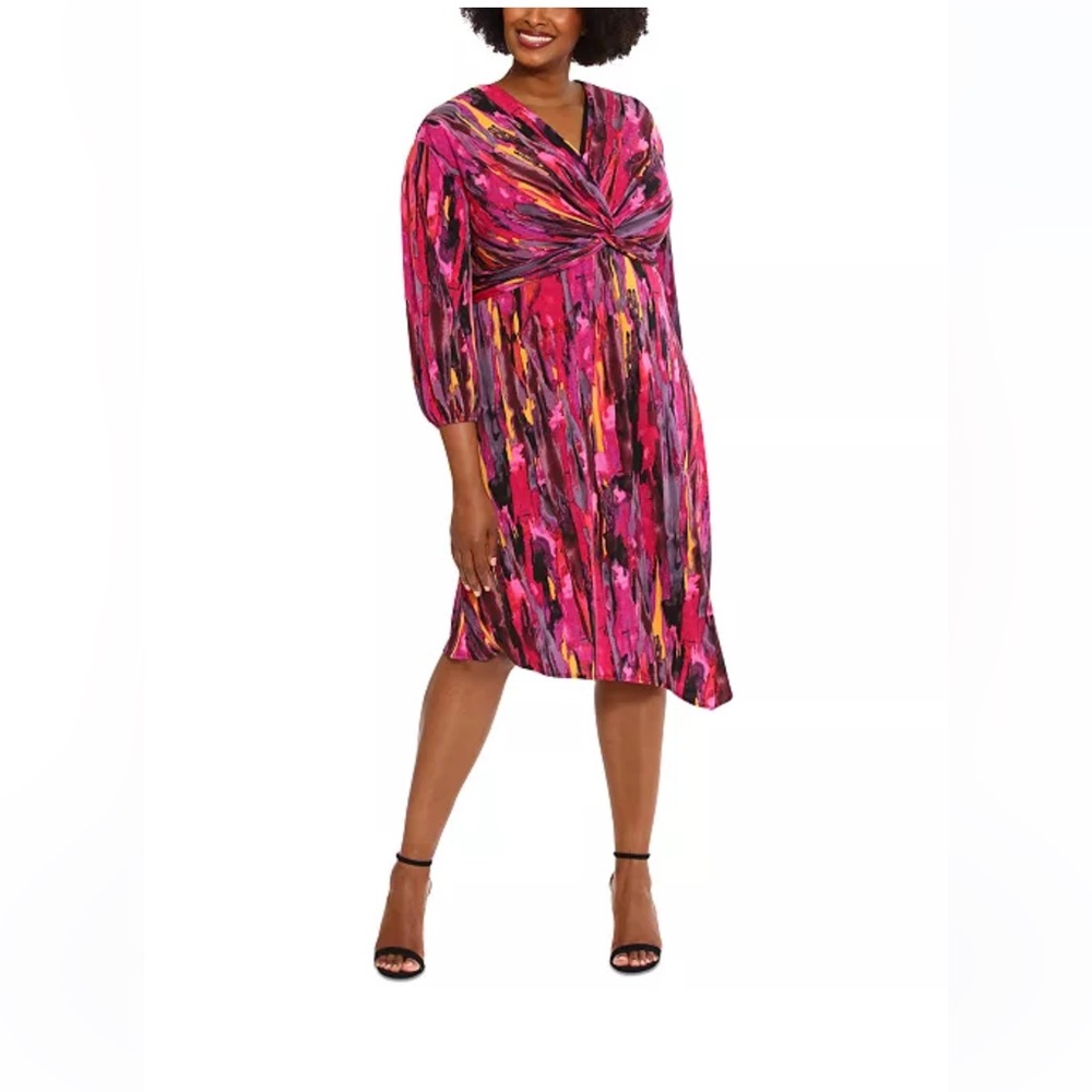 NWT London Times Plus Size Printed Twist-Front Midi Dress | Size 14